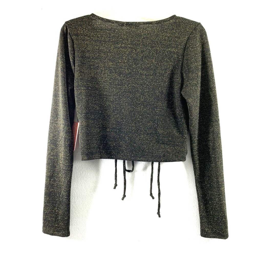 Womens Crop Top Size Large Drawstring Black Metallic Gold Whimsigoth Blouse - Picture 2 of 10